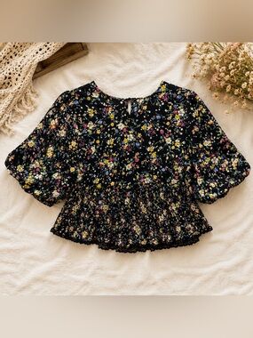 CODE X MODE Floral Satin Peplum Blouse | Cottagecore Puff Sleeve Top | Romantic